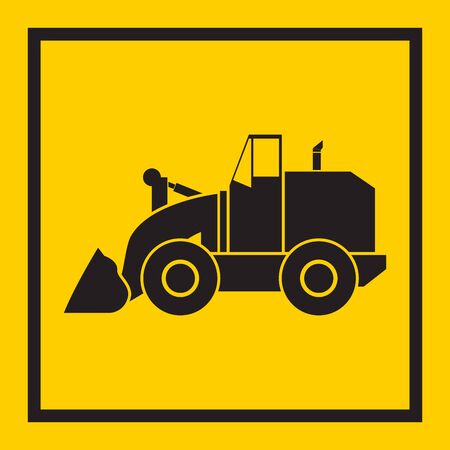 Tractor, excavator, bulldozer, crawler, Wheeled and continuous track with blade and backhoe. illustration or icon. on yellow background. EPS 10 vector, signのイラスト素材