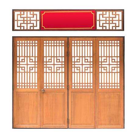 Traditional Asian window and door pattern, red frame, chinese style wood door with clipping path, isolated on white backgroundの写真素材