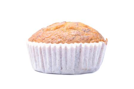 Banana muffin cake, isolated on white backgroundの写真素材