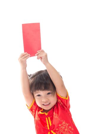 Cute Asian baby girl in traditional Chinese suit with red pocket, Isolated on white background.の写真素材