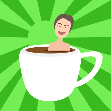 illustration of man taking bath in onsen hot coffee cupのイラスト素材