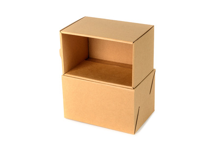 Brown cardboard box package with cover, isolated with soft shadow on white backgroundの写真素材