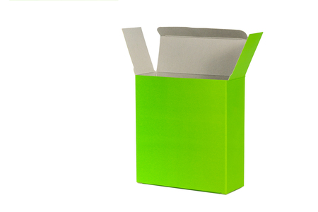 Green Box with lid open or green paper package box isolated with soft shadow on White backgroundの写真素材