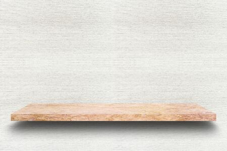 Empty top of brown  marble stone table on white wooden plank wall background. For product displayの写真素材