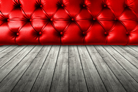 Red  leather seat with white wood texture plank panel timber background, textureの写真素材