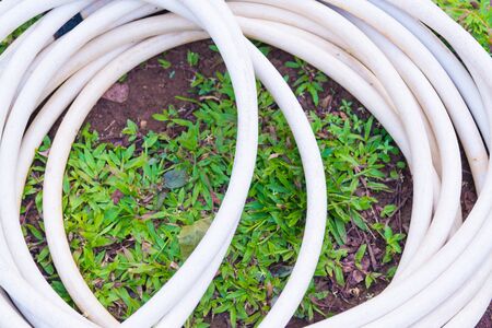 Garden hose or white rubber tube with faucet on grass field in garden.の写真素材