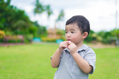 Little Asian kid at the playground under the sunlight in summer, shallow DOFの写真素材