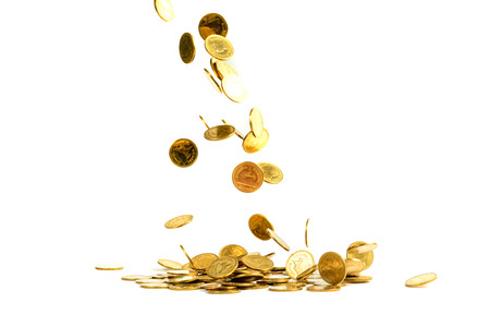 Falling gold coins money isolated on the white background, business wealth concept.の写真素材