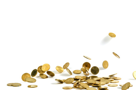 Falling gold coins money isolated on the white background, business wealth concept.の写真素材