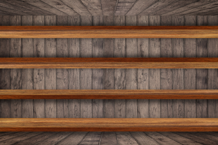 Empty top of wooden shelves on dark Board wood  background, For product display. for put product on shelves.の写真素材