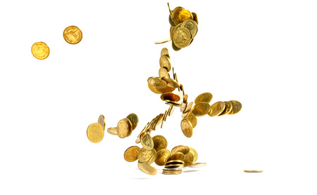 Falling gold coins money isolated on the white background, business wealth concept.の写真素材