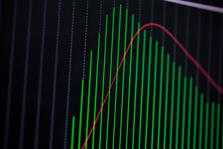 Candle stick graph chart with indicator showing bullish point or bearish point, up trend or down trend of price of stock market or stock exchange trading, investment and financial concept. thin focus.の写真素材