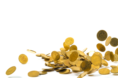 Falling gold coins money isolated on the white background, business wealth concept.の写真素材