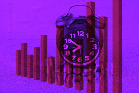 Double exposure Alarm clock and step of coins stacks with financial graph, time for savings money...