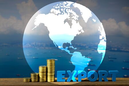 Double exposure EXPORT text and stack of coin on wood table over seascape and cargo ship and world map, element by NASA, import export concept idea.の写真素材