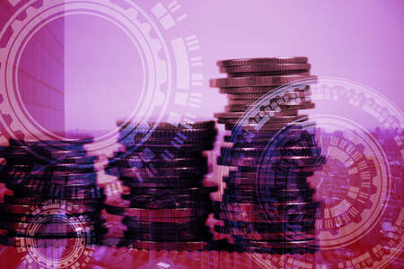Double exposure of coin stack with city background and world map, financial graph, world map and global network business concept idea, element by NASA.の写真素材