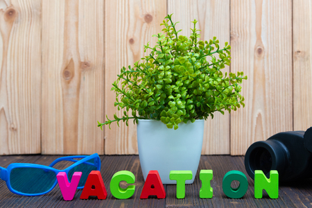 VACATION letters text and notebook paper, alarm clock and little decoration tree in white vase on wooden background, travel vacation concept idea.の写真素材