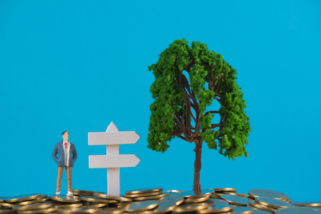 Figure miniature businessman or small people investor standing on coin stack with white wooden board sign and little tree decoration, for money and financial business success concept idea.の写真素材