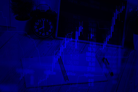 Double exposure coins stacks and alarm clock with green chalkboard, notebook and financial graph,...
