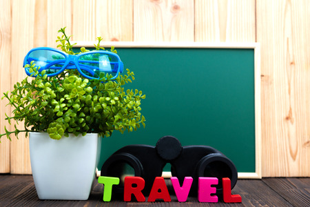 TRAVEL letters text and notebook paper, alarm clock and little decoration tree in white vase on wooden background, travel vacation concept idea.の写真素材