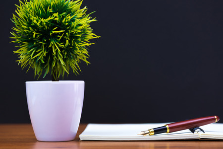 Fountain pen or ink pen with notebook paper and little decoration tree in white vase on wooden working table with copy space, office desk concept idea.の写真素材