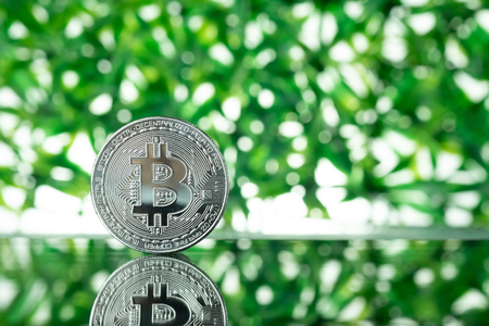 Bitcoin digital currency,  bit-coin on green blurred bokeh background, Cryptocurrency money concept idea.の写真素材