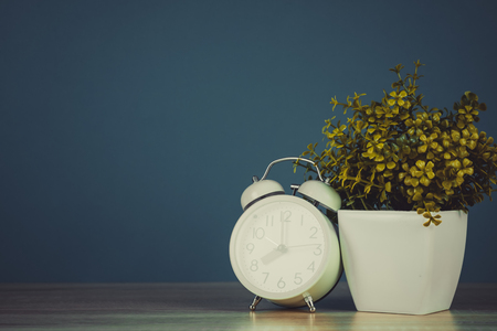 Little decorative tree and flower bouquet in white vase with vintage alarm clock on wooden table...