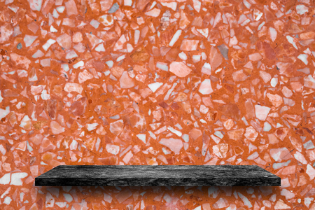 Empty top of black marble stone shelves on terrazzo wall background, product display, you can put product on shelf.の写真素材