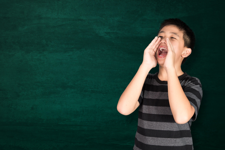 Happy Asian kid smiling on empty green chalkboard with copy space for add text or word, education and back to school concept idea.の写真素材