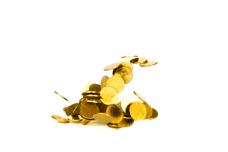 Falling gold coin, flying coin, rain money isolated on white background, business and financial wealth and take profit concept idea.の写真素材