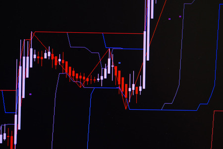 Candle stick graph chart with indicator showing bullish point or bearish point, up trend or down trend of price of stock market or stock exchange trading, investment and financial concept.の写真素材