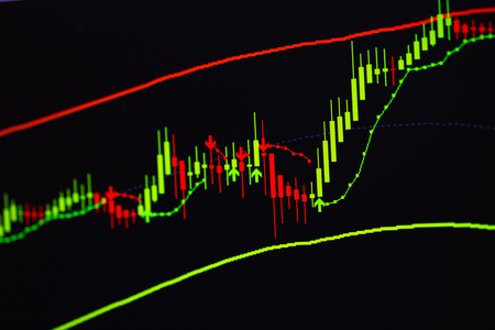 Candle stick graph chart with indicator showing bullish point or bearish point, up trend or down trend of price of stock market or stock exchange trading, investment and financial concept.の写真素材