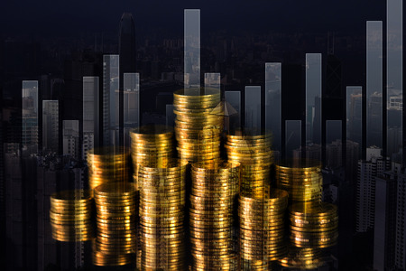 Double exposure Stack of coin with financial graph over city and office building background, business and financial concept idea.の写真素材