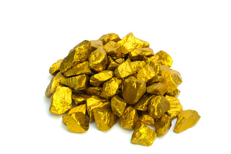 A pile of gold nuggets or gold ore on white background, precious stone or lump of golden stone,...