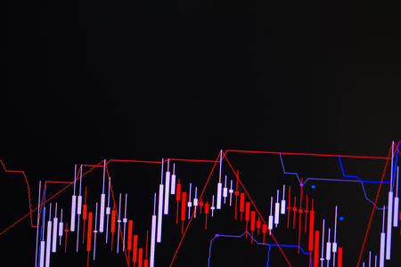 Candle stick graph chart with indicator showing bullish point or bearish point, up trend or down trend of price of stock market or stock exchange trading, investment and financial concept.の写真素材