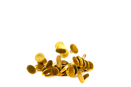 Movement of falling gold coin, flying coin, rain money isolated on white background, business and financial wealth and take profit concept idea.の写真素材