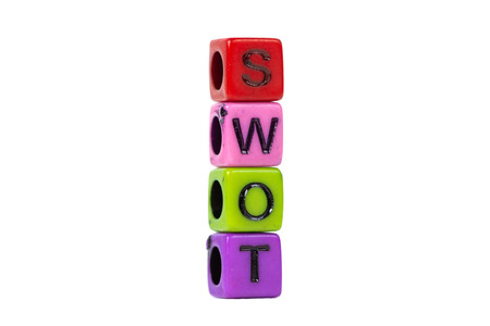 SWOT text made from colorful beads or letter bead on white background, finance and business concept idea.の写真素材