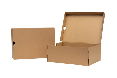 Brown cardboard shoes box with lid for shoe or sneaker product packaging mockup, isolated on white background with clipping path.の写真素材