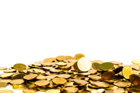 Movement of falling gold coin, flying coin, rain money isolated on white background, business and financial wealth and take profit concept idea.の写真素材