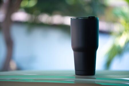Black colour stainless steel tumbler or cold and hot storage cupの写真素材