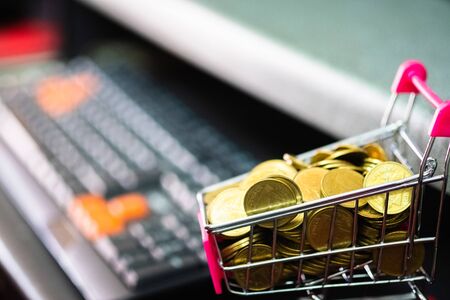 Coins in supermarket cart trolley with computer and keyboard for online shopping, e-commerce and business conceptの写真素材