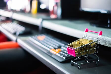 Coins in supermarket cart trolley with computer and keyboard for online shopping, e-commerce and business conceptの写真素材