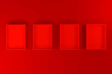 Red box or tray mockup on red background for product presentation, 3d render.の写真素材