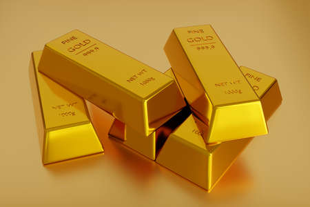 Gold ingot or stack of gold bars, business banking and financial concept. 3d render.