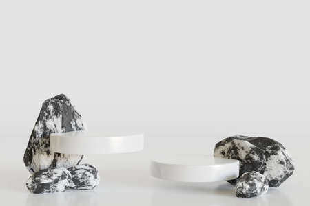 Cylinder podium stand with natural rock, round pedestal for brand product exhibition. Mockup template for ads design. 3D render.の写真素材