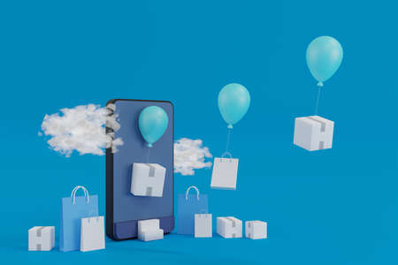 Concept of online shopping on website store, gift box and shopping bag floating from smartphone...