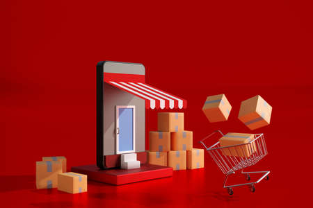 Concept of online shopping on website store with mobile marketing, smartphone supermarket trolley and parcel decoration. 3d render.の写真素材