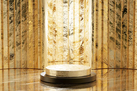 Gold cylinder podium display with gold background texture podium Geometric forms minimal scene, stage for product, 3d renderingの写真素材