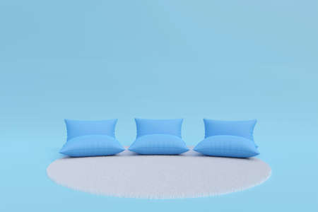 Blue soft pillow on white carpet, background for put product, 3d rendering.の写真素材