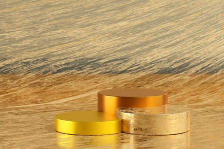 Gold cylinder podium display with gold background texture podium Geometric forms minimal scene,...